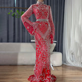 Red High Collar Fishtail Evening Long Dress - kinko